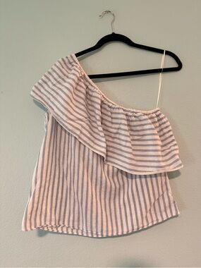 H&M Blue and White One-Shoulder Ruffle Cami
